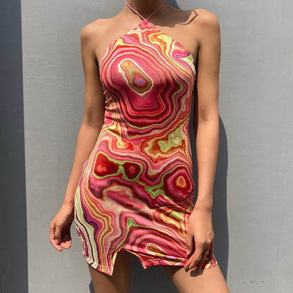 Wave Print Sexy Backless Halter Dress Women Party Summer Sleeveless Short Dress Elegant 90S Fashion Streetwear