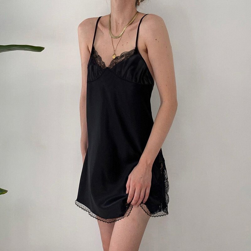 V Neck Satin Strap Sexy Black Dress Women Lace Patchwork Backless Summer Dress Mini Side Split Ladies Dresses Fashion