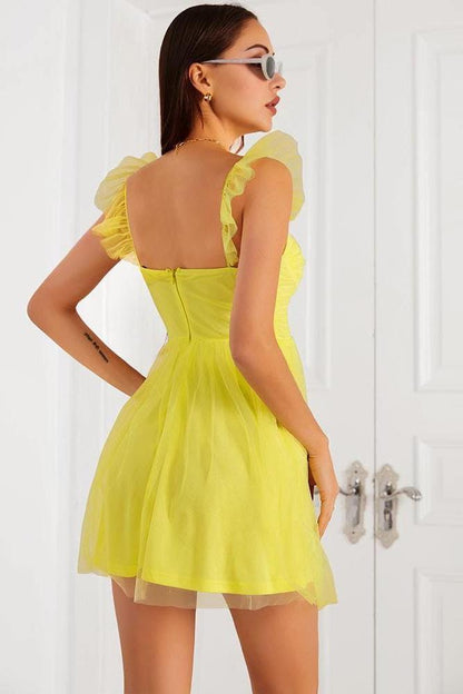 Yellow Chiffon Ruffle Hem Skater Dress