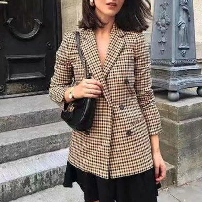 Fall women blazer jacket ladies tops office wear women korean plaid blazer vintage orange long blazer coat streetwear