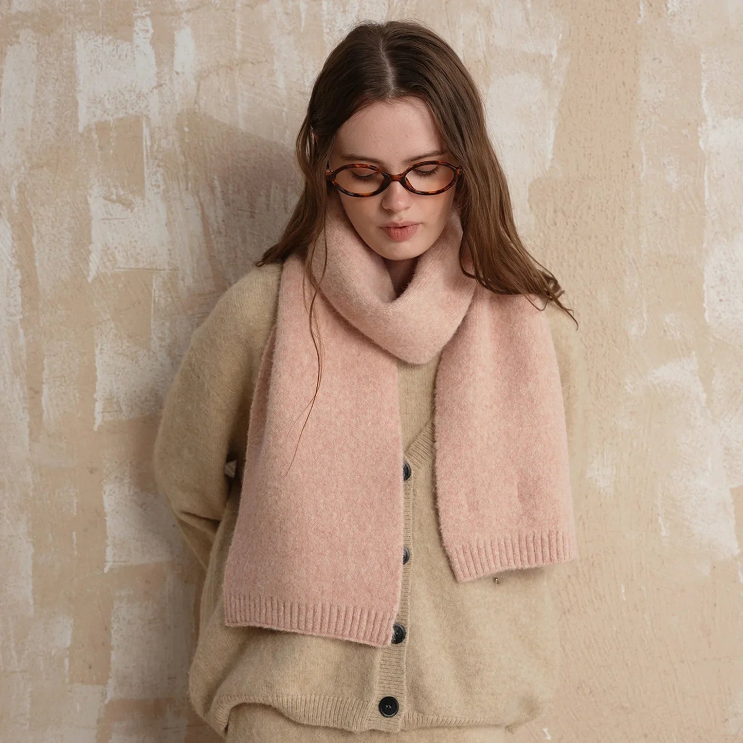 Soft Wool Blend Solid Color Winter Scarf Pale Pinkish Pink / L157Cm W22Cm Scarfs-L