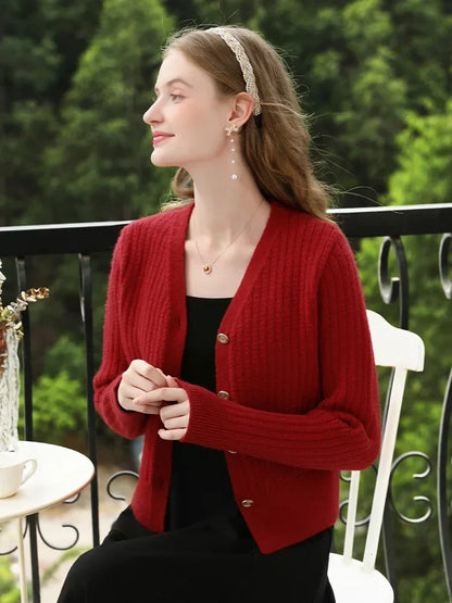 French V-Neck Long Sleeve Red Cardigan Cardigan-241208