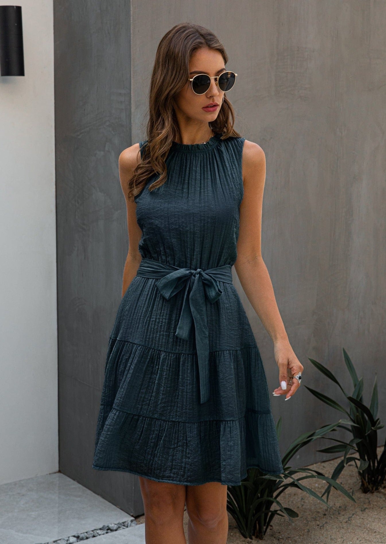 Wrinkled Style Belt Dress