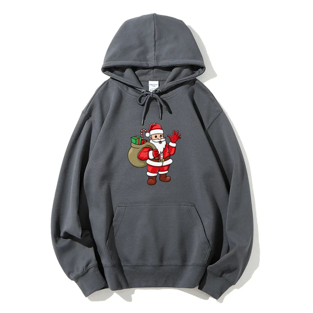 Jolly Santa Claus Cartoon Print Long Sleeve Chic Christmas Hoodie Gray / S Hoodies-L
