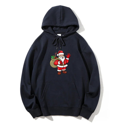 Jolly Santa Claus Cartoon Print Long Sleeve Chic Christmas Hoodie Deep Blue / S Hoodies-L