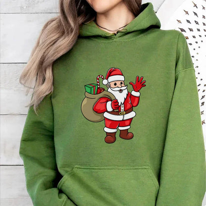 Jolly Santa Claus Cartoon Print Long Sleeve Chic Christmas Hoodie Army Green / S Hoodies-L