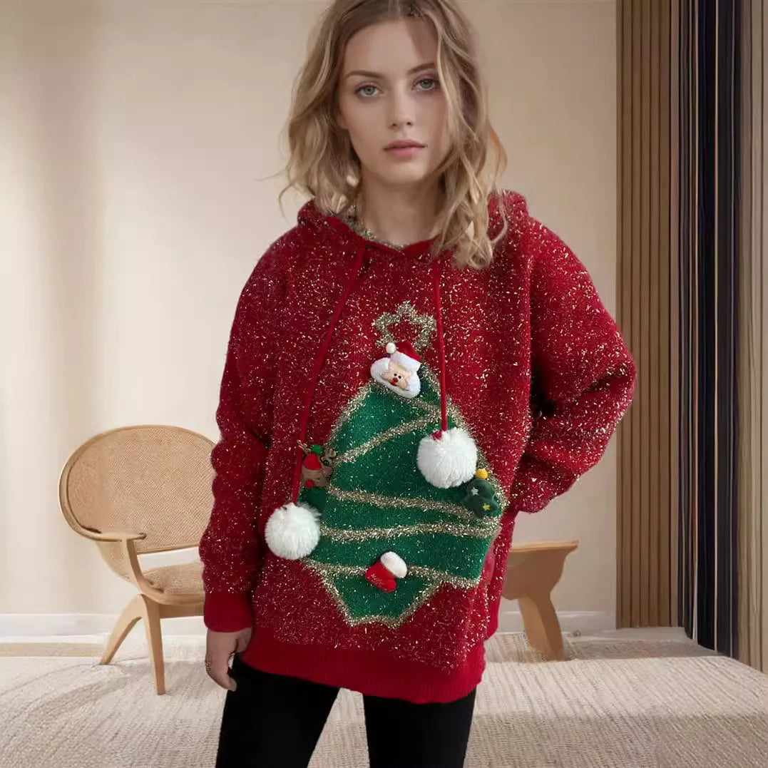 Korea Style Christmas Tree Hooded Loose Ugly Chic Casual Knitwear Sweater Sweaters-L