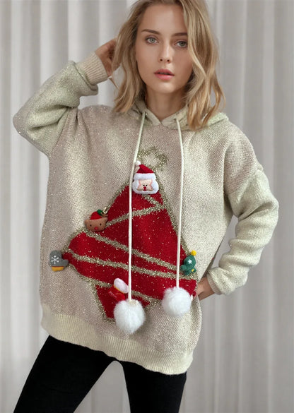 Korea Style Christmas Tree Hooded Loose Ugly Chic Casual Knitwear Sweater Off-White / S Sweaters-L