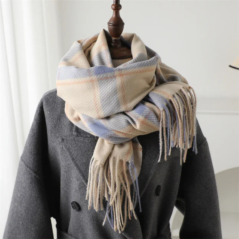 Korean Style Thick Warm Shawl Wrap Plaid Cashmere Blanket Scarf Beige Scarfs-L