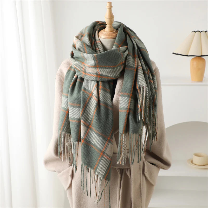 Korean Style Thick Warm Shawl Wrap Plaid Cashmere Blanket Scarf Green Scarfs-L