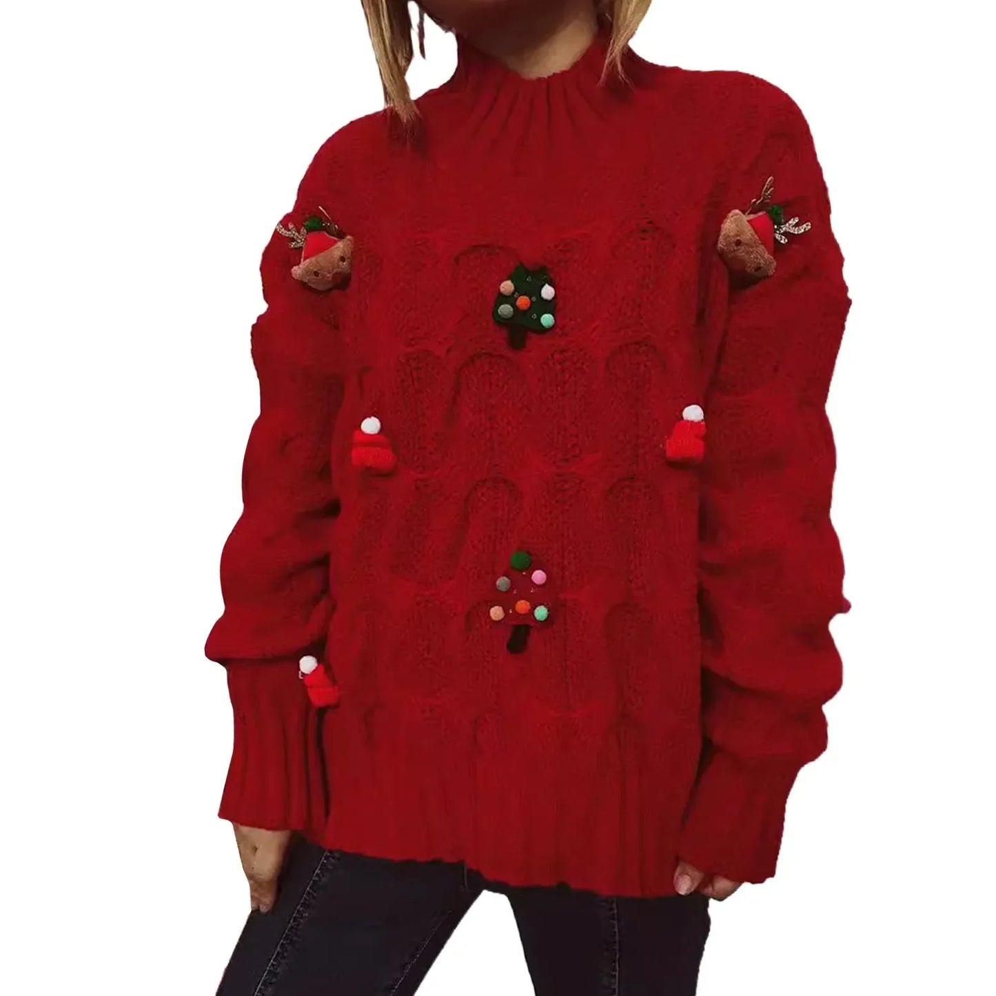 Fashionable Autumn Winter Xmas Loose Round Neck Print Knitted Christmas Sweater Red / S Sweaters-L