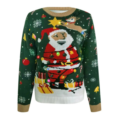 Autumn Winter Santa Jacquard Round Neck Retro Casual Christmas Sweater With Led Light Sweaters-L