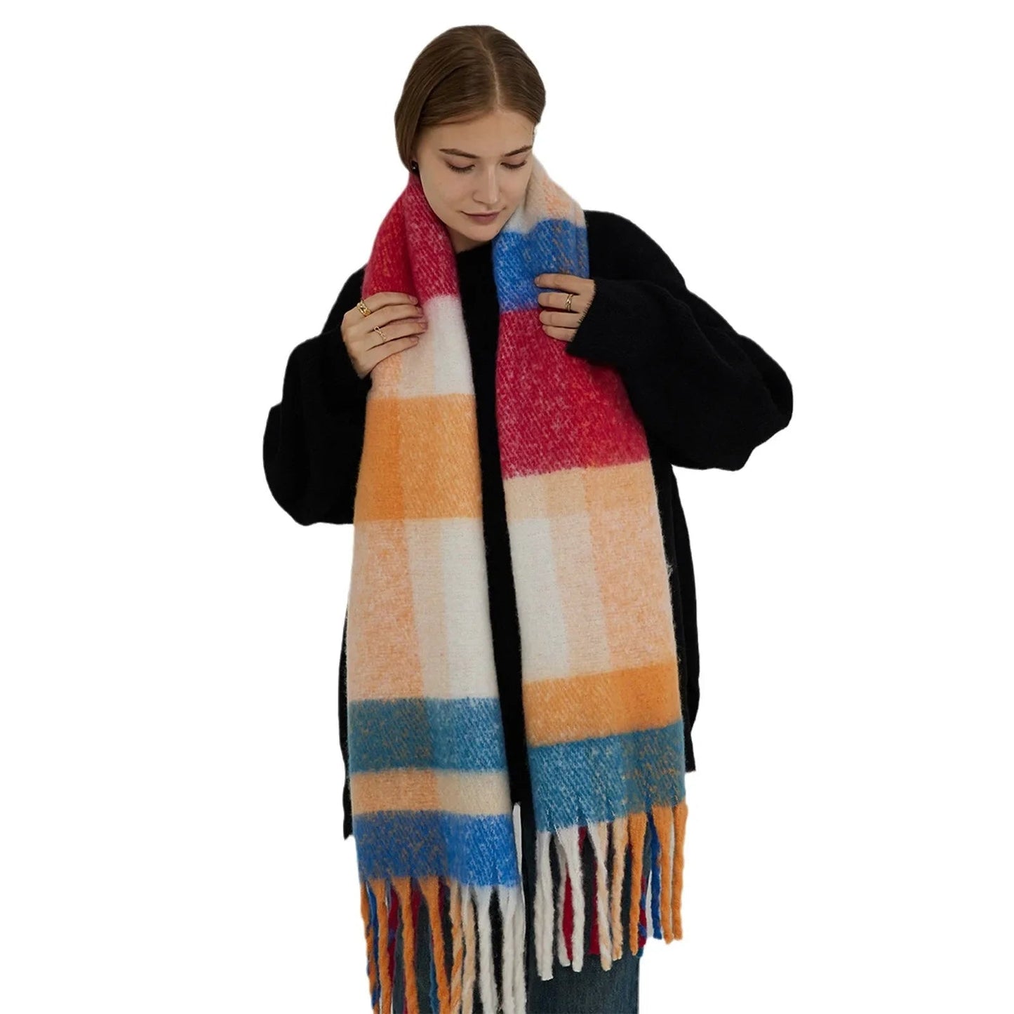 Thick Warm Tassel Contrast Color Scarf For Autumn/Winter Scarfs-L