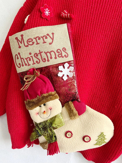 Red Christmas Snowman Doll Pocket Sweater Sweaters-L