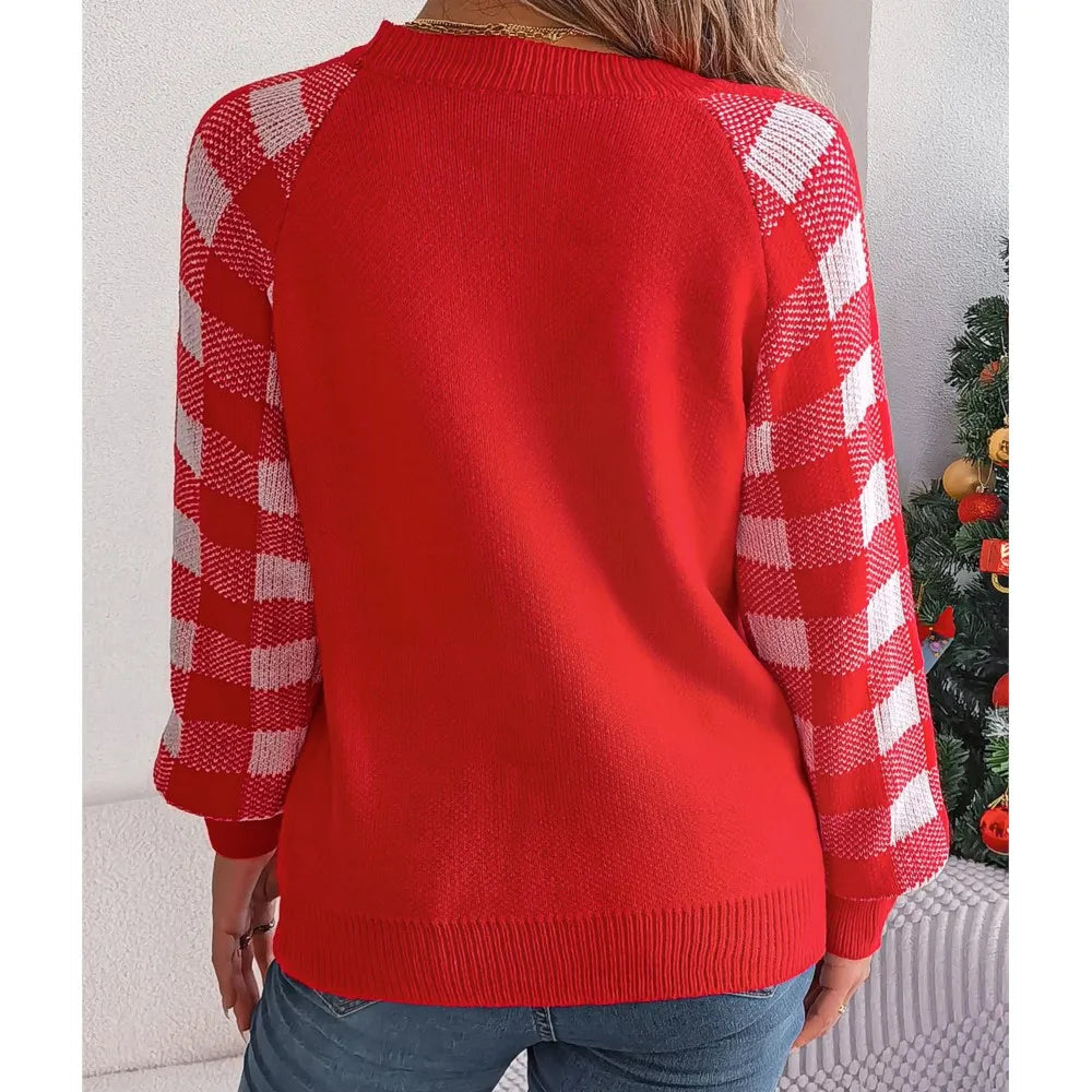 Knitted Plaid Christmas Sweater With Round Neck And Long Sleeves For Autumn/Winter Sweaters-L