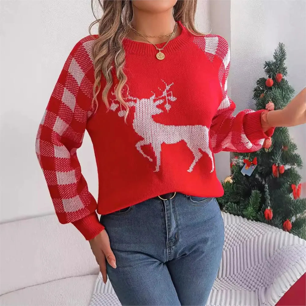Knitted Plaid Christmas Sweater With Round Neck And Long Sleeves For Autumn/Winter Sweaters-L