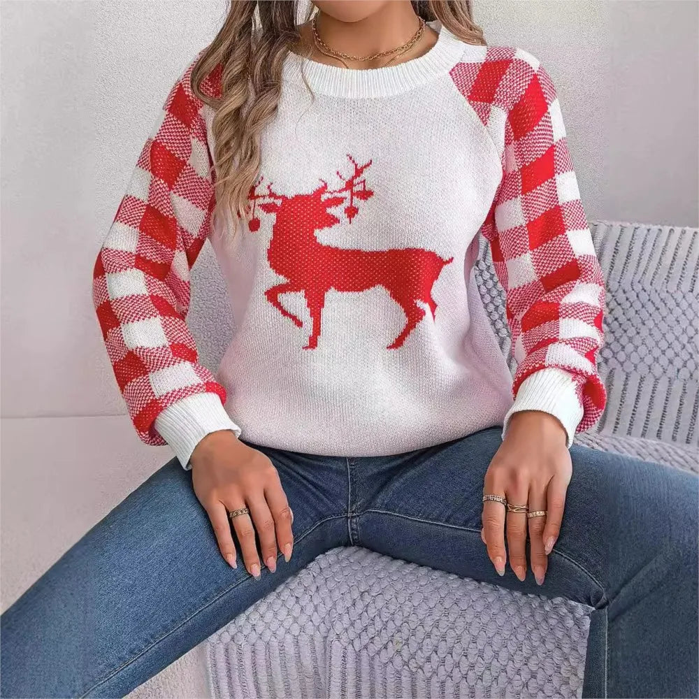 Knitted Plaid Christmas Sweater With Round Neck And Long Sleeves For Autumn/Winter Sweaters-L