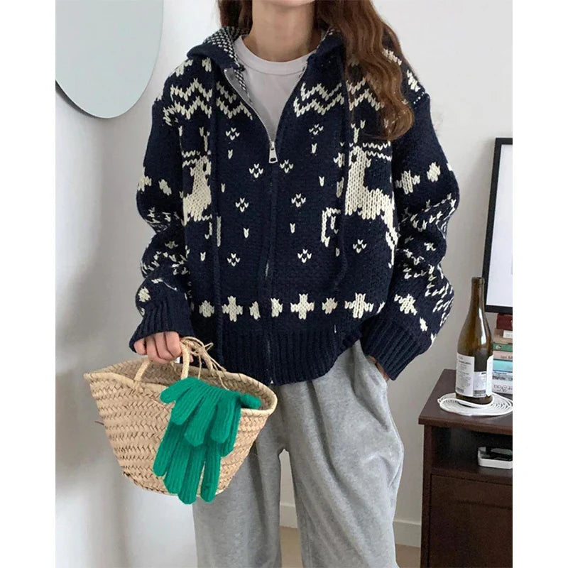 Vintage Hooded Jacquard Cardigan Navy Blue / One Size Cardigan-241208