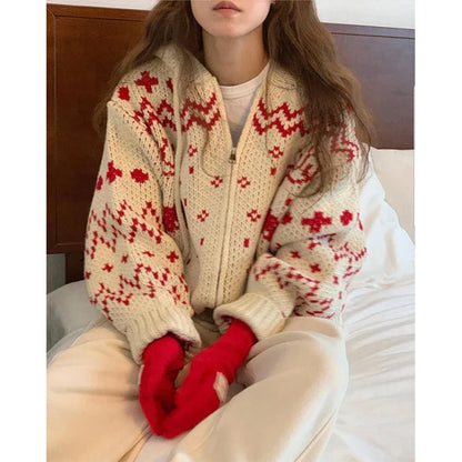 Vintage Hooded Jacquard Cardigan Red / One Size Cardigan-241208