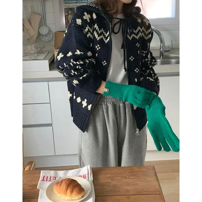 Vintage Hooded Jacquard Cardigan Cardigan-241208