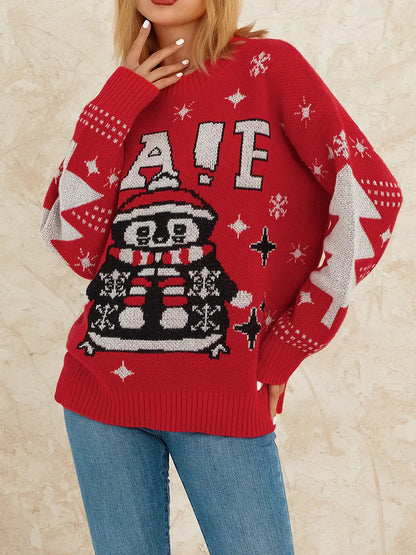 Reindeer Patterned Crew Neck Long Sleeve Knitwear Rib-Knit Hem Christmas Sweater Red / S Sweaters-L