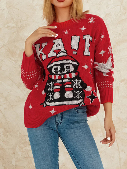 Reindeer Patterned Crew Neck Long Sleeve Knitwear Rib-Knit Hem Christmas Sweater Sweaters-L