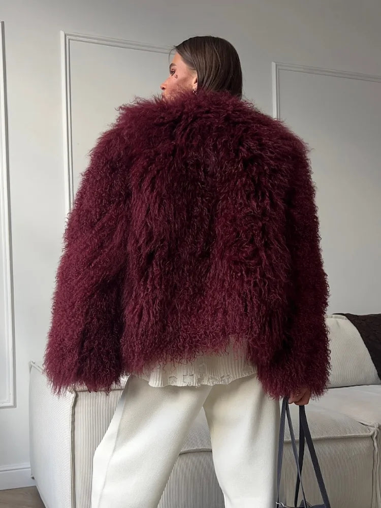 Burgundy Oversized Faux Fur Coat Coats-241208