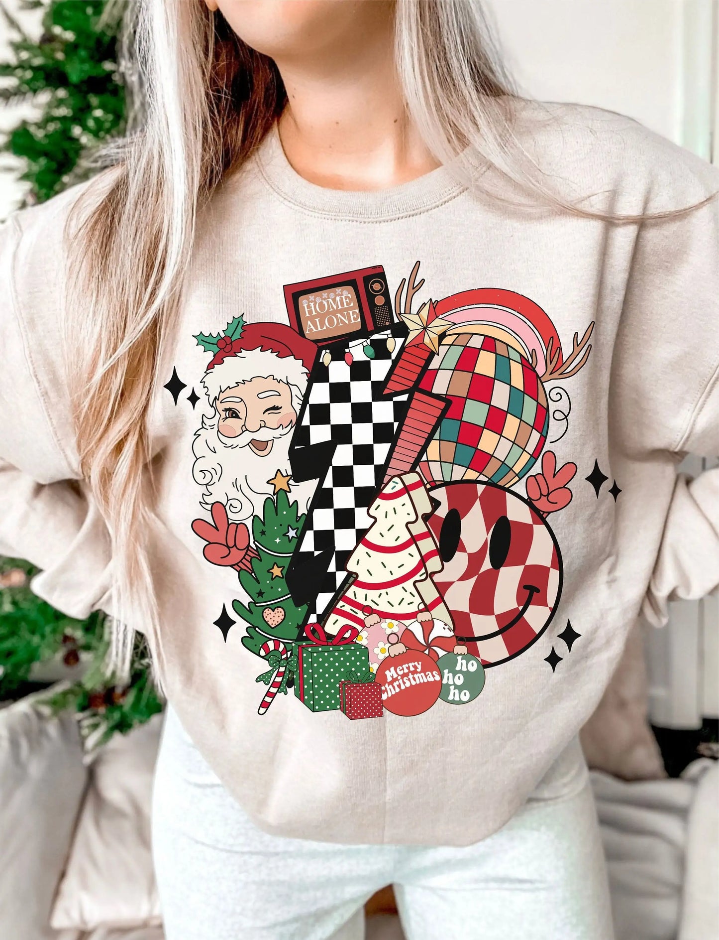 Retro Cotton Santa Claus Funny Smiling Face Girl Christmas Hoodie Creamy-White / S Hoodies-L