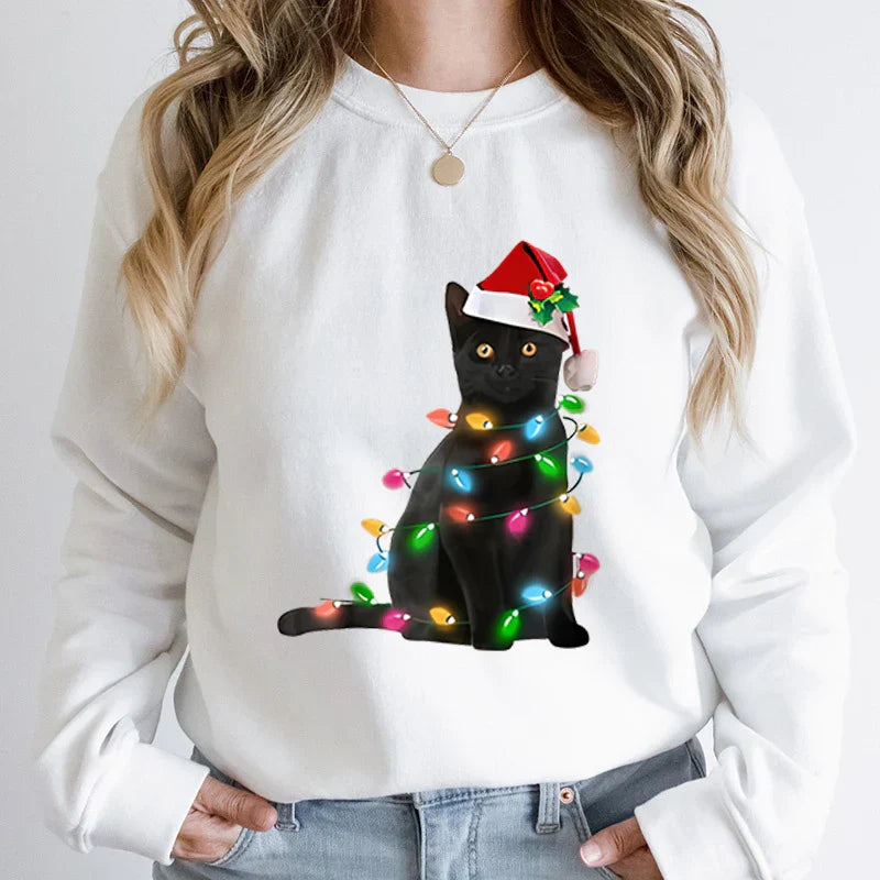 Hoodless Pullover Cute Black Cat Christmas Light Print Hoodie White / S Hoodies-L