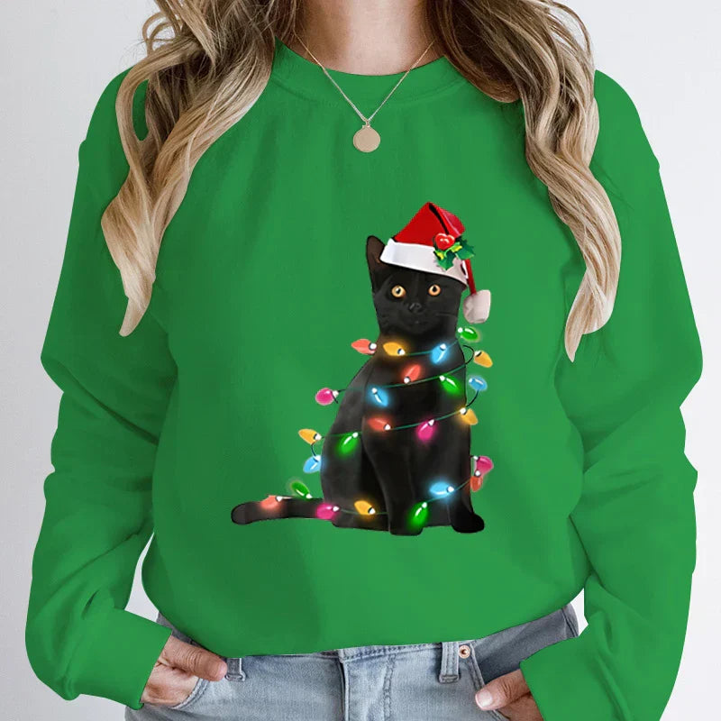 Hoodless Pullover Cute Black Cat Christmas Light Print Hoodie Green / S Hoodies-L