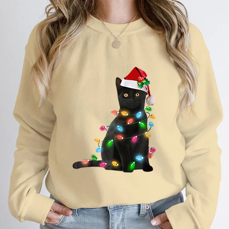 Hoodless Pullover Cute Black Cat Christmas Light Print Hoodie Khaki / S Hoodies-L