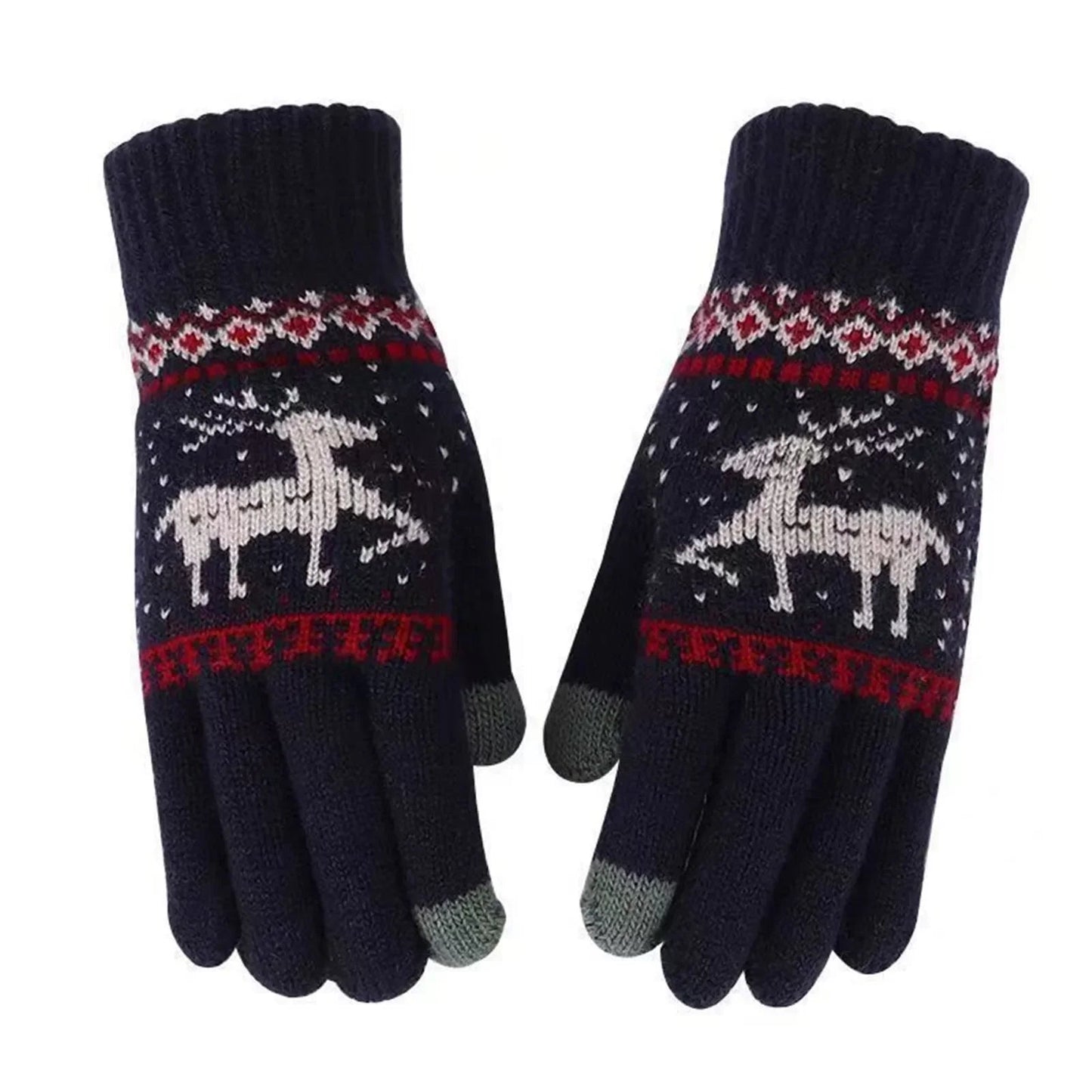 Plush Winter Warm Cycling Anti-Cold Christmas Deer Knitted Touchscreen Gloves Navy Blue / One Size
