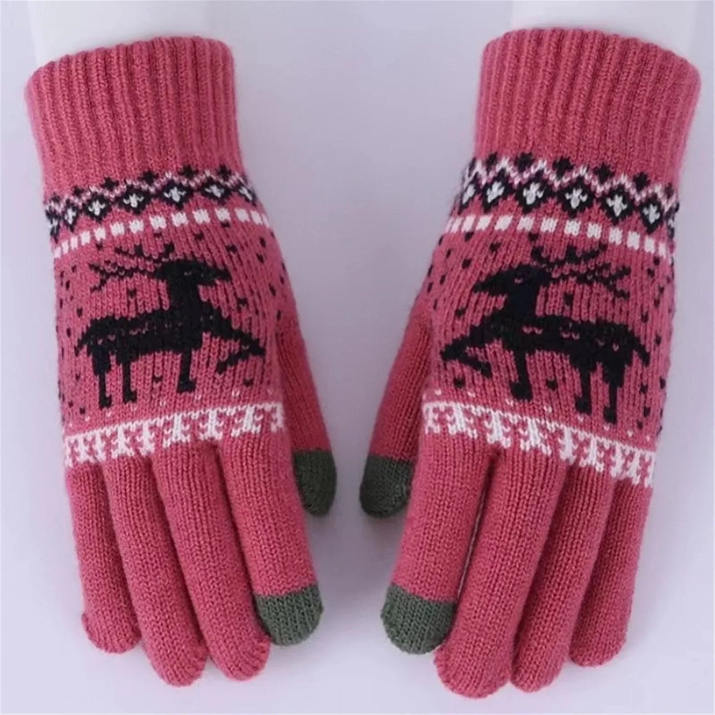 Plush Winter Warm Cycling Anti-Cold Christmas Deer Knitted Touchscreen Gloves Red / One Size