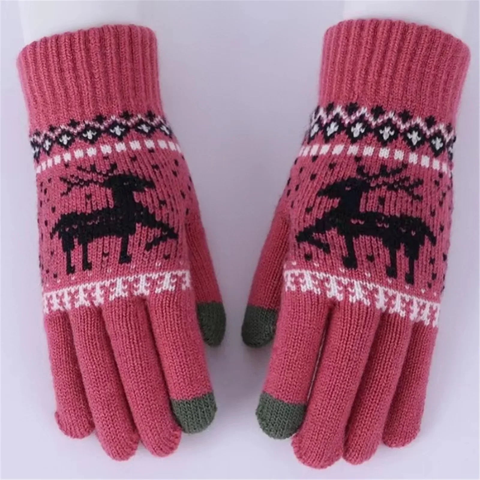 Plush Winter Warm Cycling Anti-Cold Christmas Deer Knitted Touchscreen Gloves Red / One Size