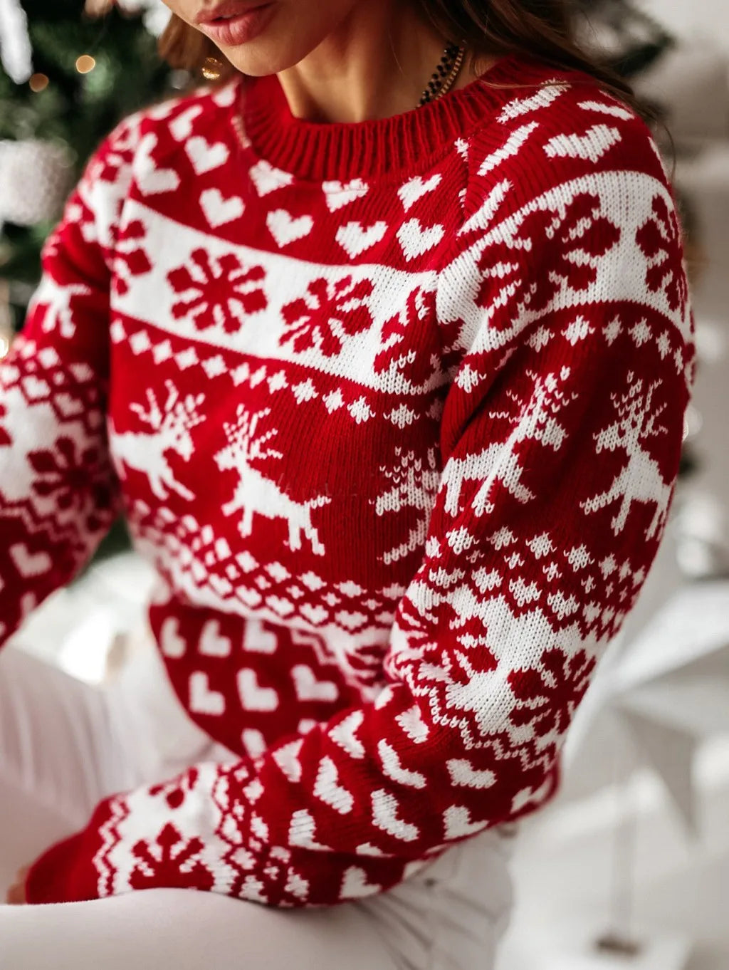 Casual Long Sleeve Print Pullover Knitted Christmas Sweater Sweaters-L