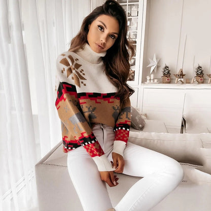 Christmas Print Knitted Casual Long Sleeve Ugly Women Sweater Sweaters-L