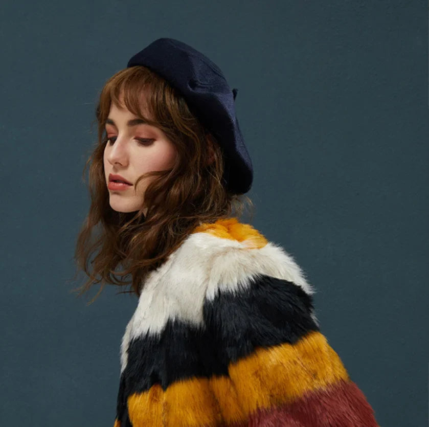 French Stripe Plaid Military Top Painter Beret Women Hat - Wool Knitted Dark Blue Hat-L