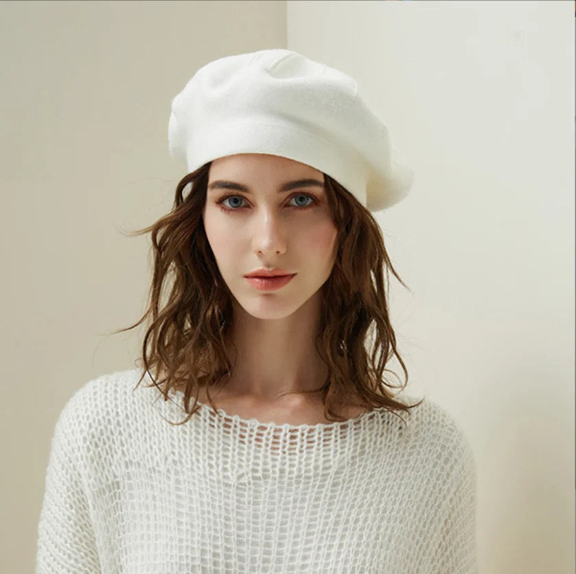 French Stripe Plaid Military Top Painter Beret Women Hat - Wool Knitted White Hat-L