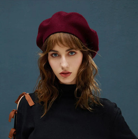 French Stripe Plaid Military Top Painter Beret Women Hat - Wool Knitted Wine Red Hat-L