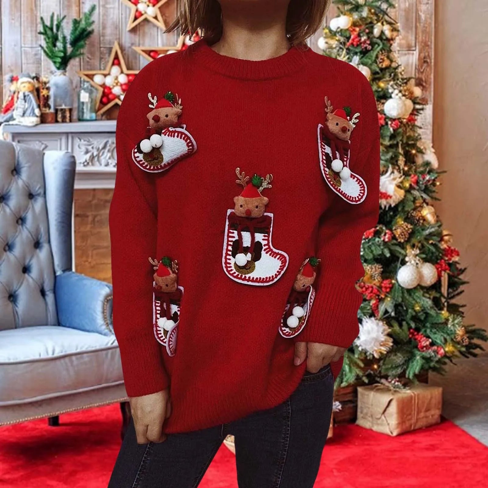 Cute Elk 3D Decoration Round Neck Long Sleeve Knit Pullover Christmas Sweater Sweaters-L
