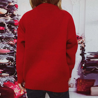 Cute Elk 3D Decoration Round Neck Long Sleeve Knit Pullover Christmas Sweater Sweaters-L