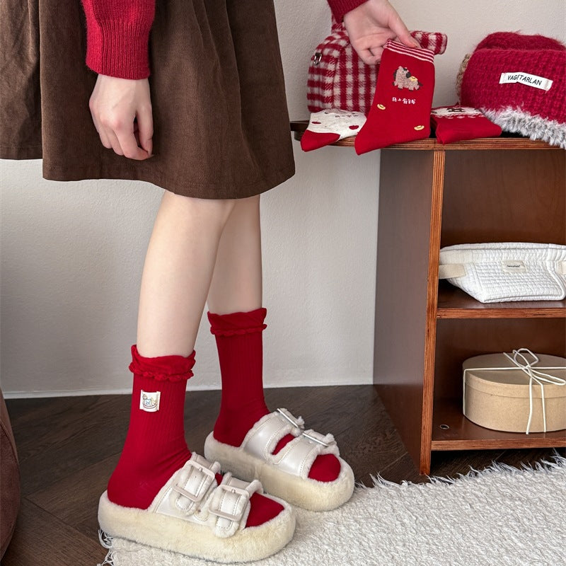 Red Retro Christmas Slouchy Crew Christmas Socks