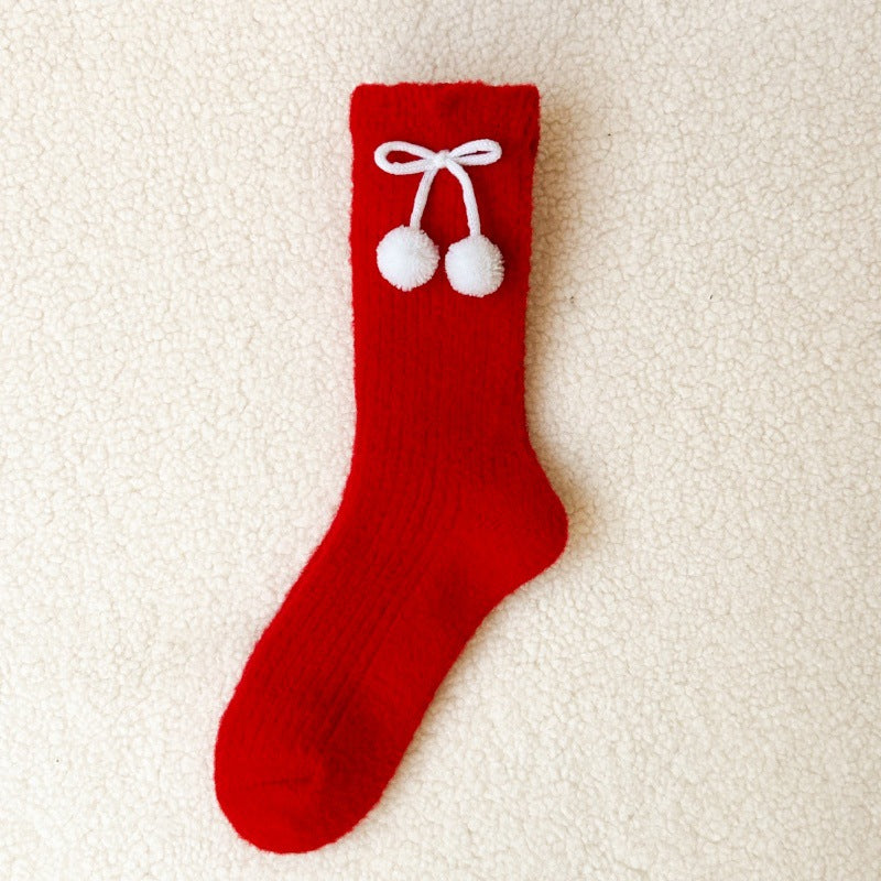 Embroidered Red Mid Calf Coral Fleece Cozy Christmas Socks