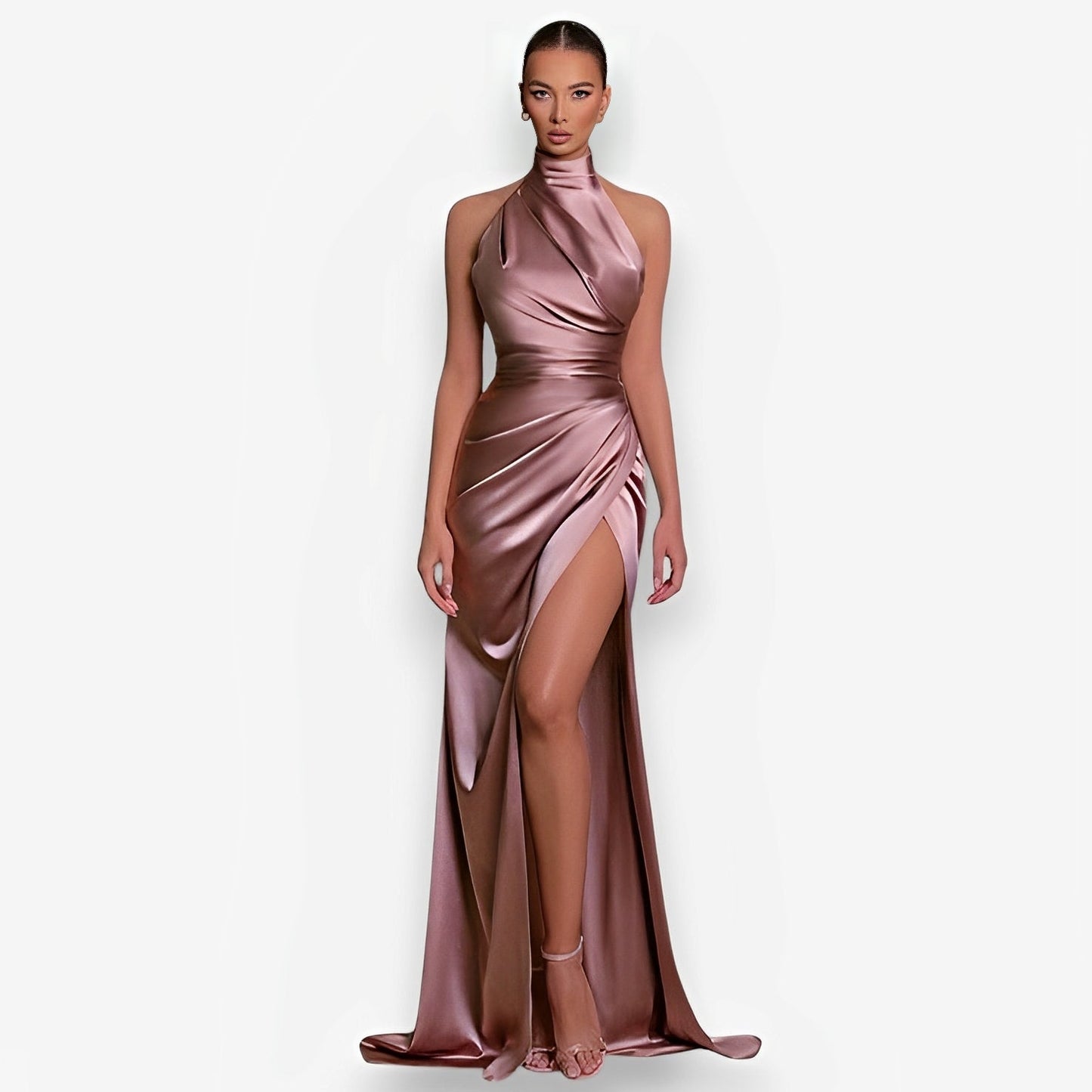 halter neck slit slim dress