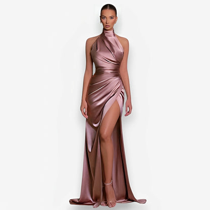 halter neck slit slim dress