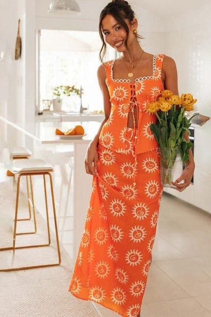 Square Collar Top Printed Long 2 piece dress