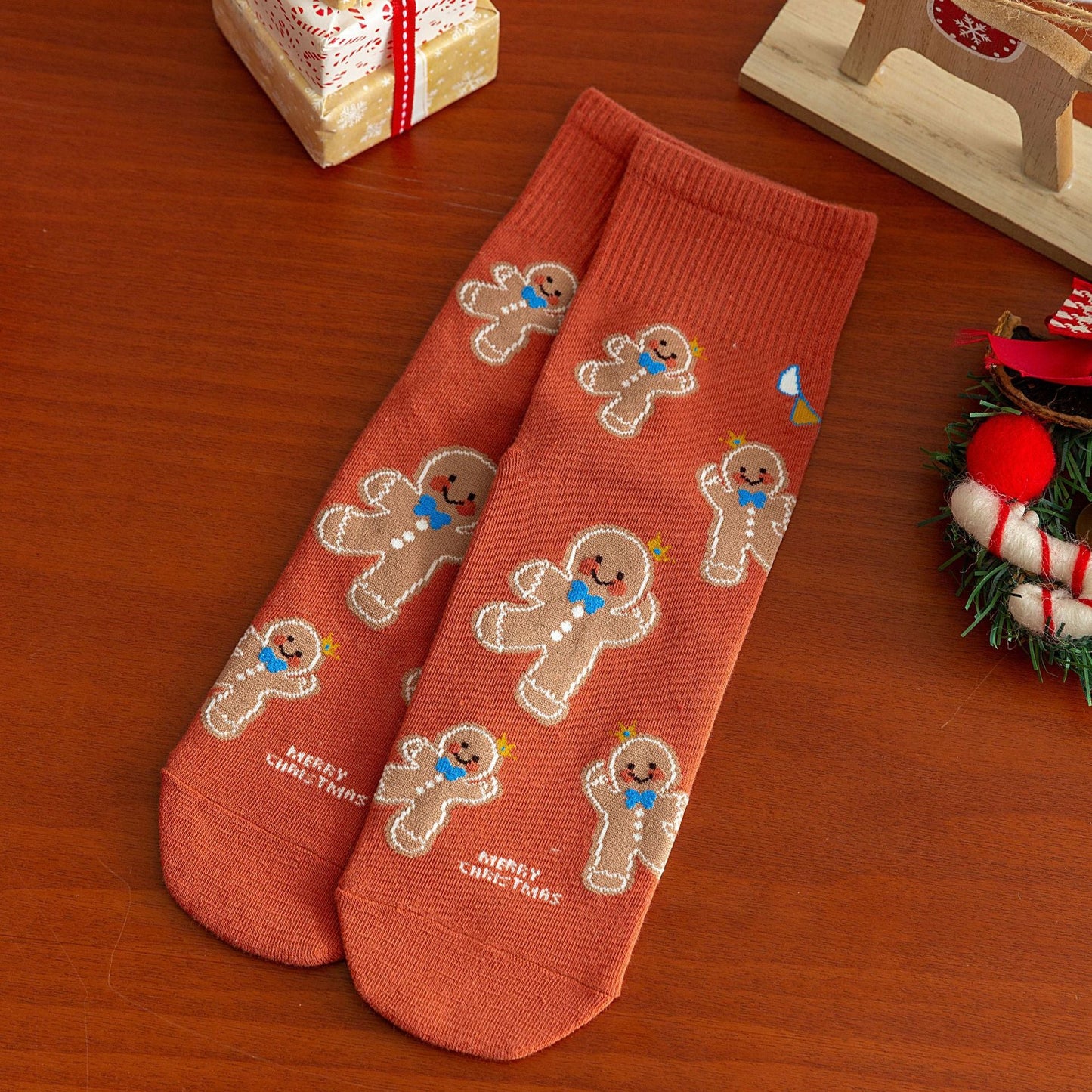 Cartoon Moose Santa Mid-Calf Crew Straight Christmas Socks