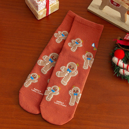 Cartoon Moose Santa Mid-Calf Crew Straight Christmas Socks