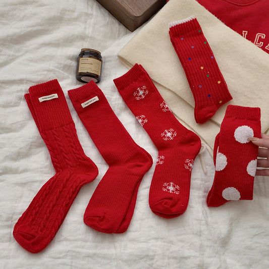 Red Polka Dot Snowflake Fluffy Slouch Christmas Socks