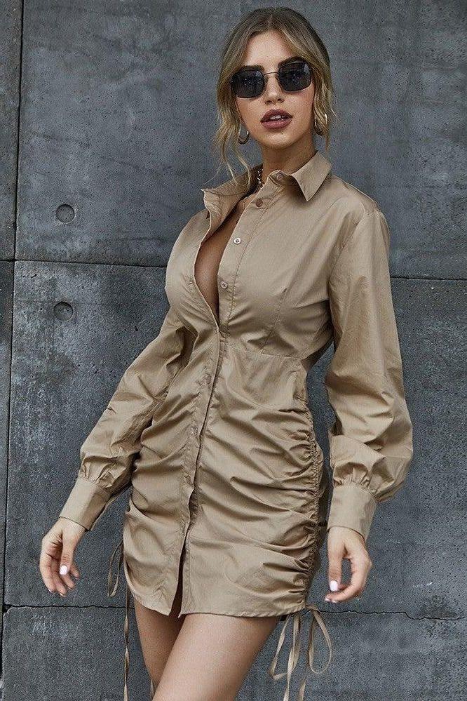 shirt dress V-neck side pleated lace-up dress